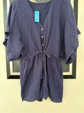 Cupshe Deep Navy V-Neck Button Front Drawstring Romper